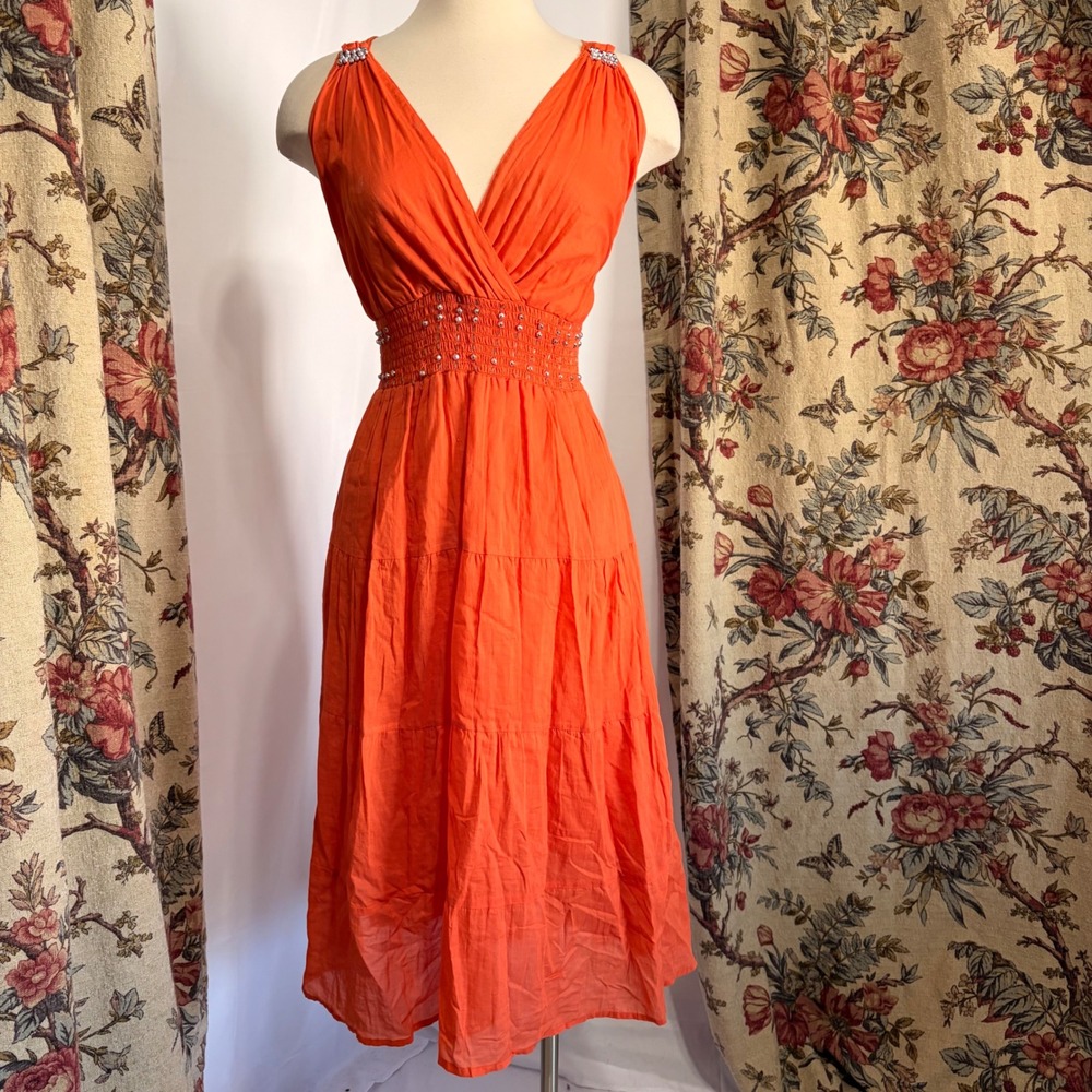 Cassels Stunning Y2k Orange Beaded Smocked Waist Tiered Dress with rhinestones